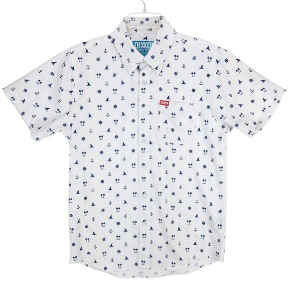 Dixxon Short Sleeve Button Up Men's Small White Blue Nautical "Sea Life" Logo - Picture 1 of 14